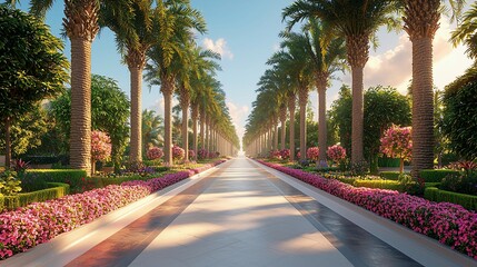Obraz premium Sunlit palm tree lined road with flowering plants.