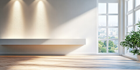 Fototapeta premium Bright and airy interior space with large windows and green plant during daytime