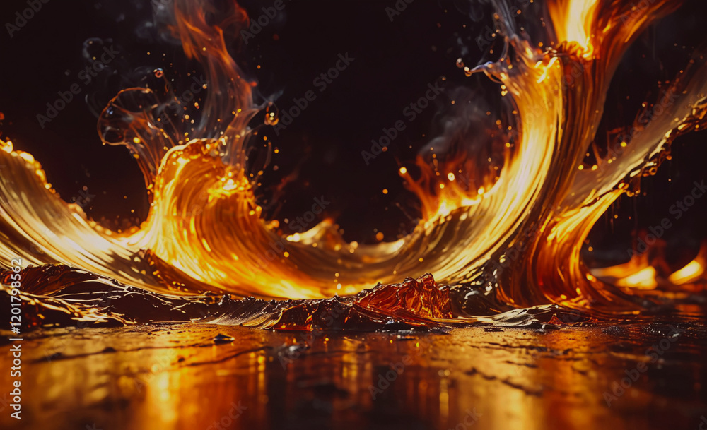 Poster A fire is burning in the ocean, creating a beautiful and dangerous scene. The flames are reflected in the water, creating a sense of movement and energy. Scene is both captivating and ominous
