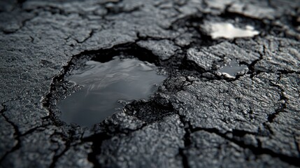 Cracked asphalt road surface with potholes and water.