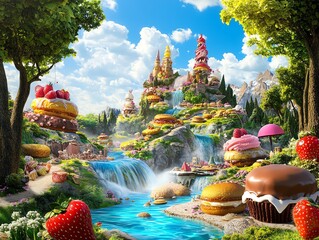 Obraz premium Whimsical candy castle nestled in a lush landscape, cascading waterfalls, delicious treats. Perfect for children's book, fantasy, or dessert-themed projects.