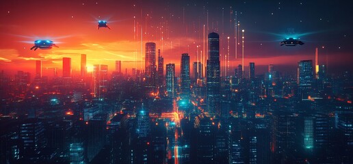 Obraz premium Futuristic city sunset; drones fly above skyscrapers. Digital data streams. Sci-fi