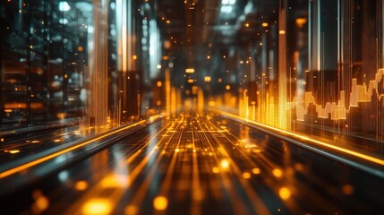 Vibrant digital landscape with glowing lines and graphs showcasing technology and data flow in a futuristic setting