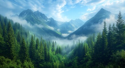 Fototapeta premium Foggy Mountain Landscape with Lush Forest