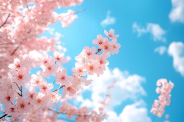 Fototapeta premium Bright Sky with Pink Cherry Blossoms and White Clouds