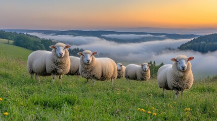 Naklejka premium Sheep grazing hillside sunrise fog