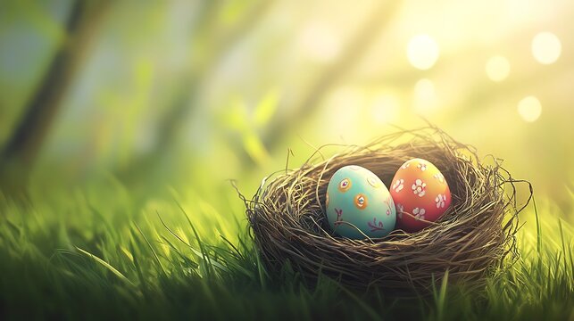 A peaceful Easter celebration with three colorful, hand-painted Easter eggs resting in a cozy birda??s nest, set against a lush green grass meadow. 