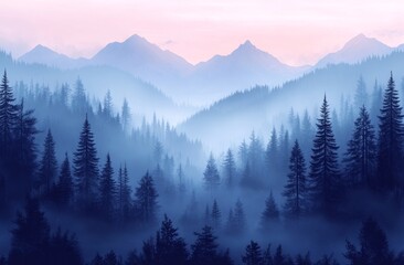 Foggy Landscape with Tall Pine Trees at Dusk