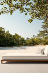 Relaxing outdoor seating area on a sunny day surrounded by greenery and sand