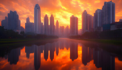 Fototapeta premium Fiery sunset over a city skyline reflected in calm water, creating a stunning, symmetrical cityscape.