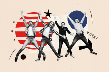 Composite creative art collage of excited men jumper together america government party vote election isolated on painted background