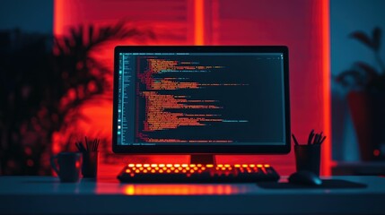 Glowing keyboards and dimly lit workspace create a focused environment for programmers working late into the night