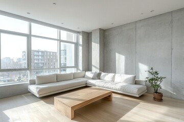 Fototapeta premium A midcentury modern interior design in an apartment living room with large windows and a sofa and table. Generatvie AI 