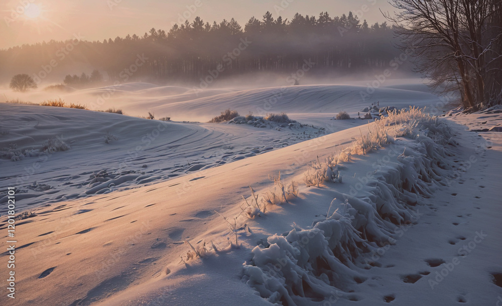 Aufkleber a snowy field with a sun in the background. the sun is setting and the snow is white