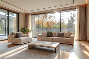 Fototapeta premium Modern Scandinavian interior design of a residential living room with large windows and a sofa and table. Generative AI 
