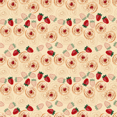 Watercolor seamless pattern with buns, cream cupcakes and ripe strawberries, raspberries and cherries