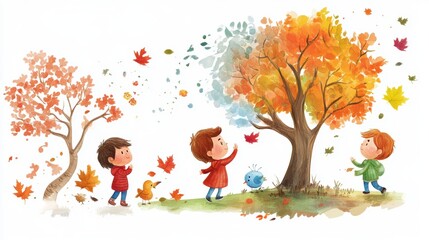 Children playing in autumn, collecting leaves and enjoying the vibrant colors of fall in a lively park setting