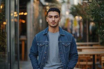Obraz premium Elegant casual style with denim jacket, slim chinos, and a relaxed vibe