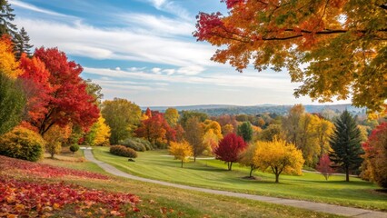 Obraz premium Autumnal Park Landscape Featuring Vibrant Foliage and Winding Pathways