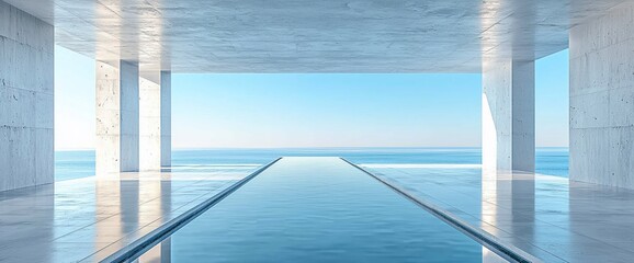 Fototapeta premium Minimalist ocean view infinity pool in modern concrete architecture.