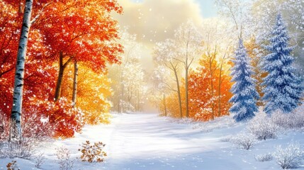 Vibrant autumn leaves contrast with fresh snow in a tranquil winter landscape