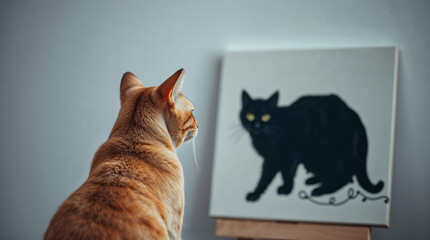 Orange cat observing painting of a black cat. Funny pet wallpaper