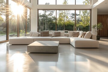 A modern minimalist interior design for a living room with large windows and a sofa and table. Generative AI
