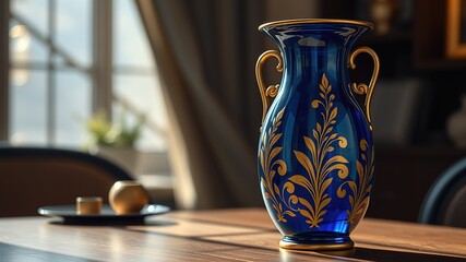Blue Gold Vase on Table - High-Quality AI Photo