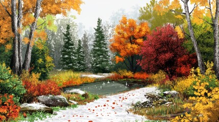 Colorful autumn landscape with a serene pond surrounded by vibrant foliage and snow