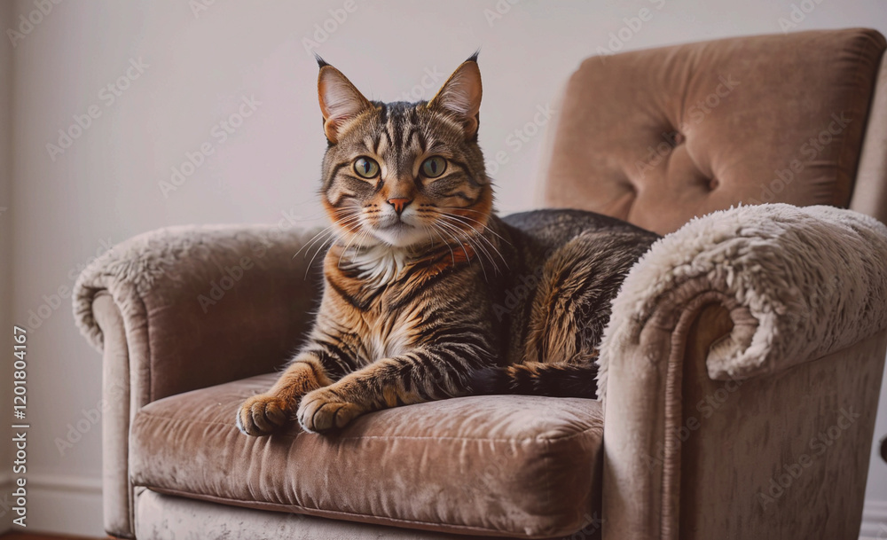 Poster a cat is laying on a chair with its head tilted to the side. the chair is brown and has a fluffy cus