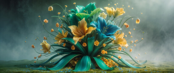 Vibrant abstract floral arrangement with colorful petals and leaves in dreamy atmosphere