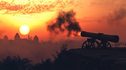 A view of a traditional Ramadan cannon being fired at sunset