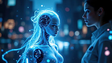 Naklejka premium A woman interacting with an AI girlfriend, set against a futuristic cityscape backdrop.