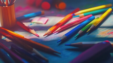 Obraz premium Colorful art supplies scattered on a table during a creative afternoon in a bright room