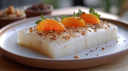 Creamy white dessert cubes, orange slices, nuts, spices.