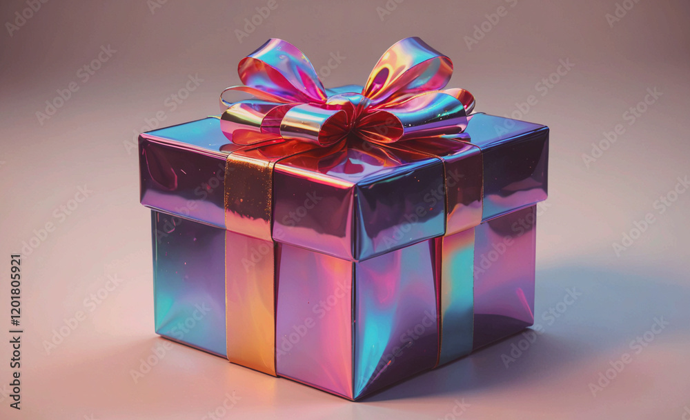 Poster A shiny, colorful box with a bow on top. The box is wrapped in shiny foil and has a metallic look to it. The box is sitting on a white surface, and the colors of the box and the bow are bright