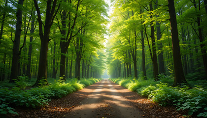 Obraz premium Tranquil Forest Pathway Illuminated by Sunlight Nature
