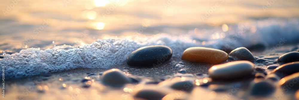 Poster close up view of smooth beach pebbles as gentle waves wash over them at sunset along the shore. gene