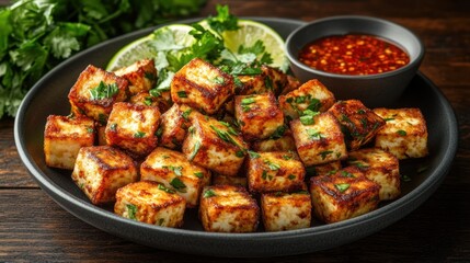 Fototapeta premium Crispy pan-fried paneer cubes with cilantro, lime, and chili sauce.