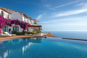 Obraz premium Mediterranean hotel with infinity pool and whitewashed walls in a sunny setting