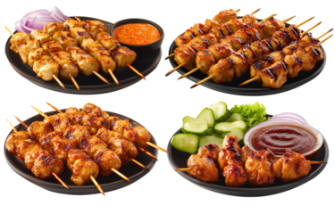 Four different types of satay skewers with sauce on the side, a delicious-looking chicken skewer, and an artfully plated dish with dressing sauce  isolated on a transparent PNG background