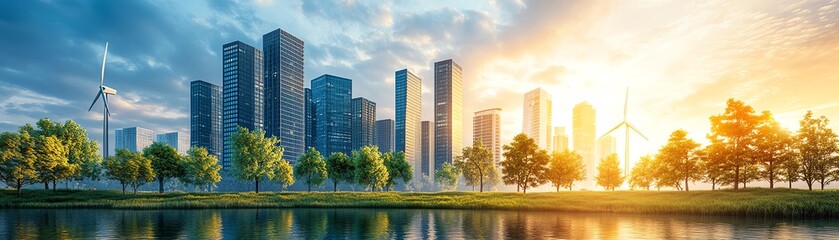 Fototapeta premium ESG, green energy, and sustainable industry concepts, ecofriendly buildings with solar panels, wind power, and environmental impact, ultradetailed, highdefinition