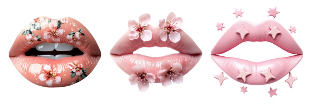 Beautiful Floral Lip Art Design with Pink Flowers on Transparent