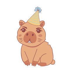 Cute capybara in birthday hat. Vector illustration
