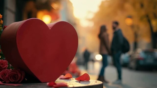 Romantic couple near red heart-shaped box and roses on autumn street at sunset. Festive Mothers Day Valentine's Day Chocolate Day