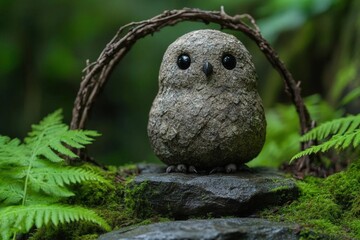 Obraz premium Stone Owl Figurine in a Lush Forest Setting