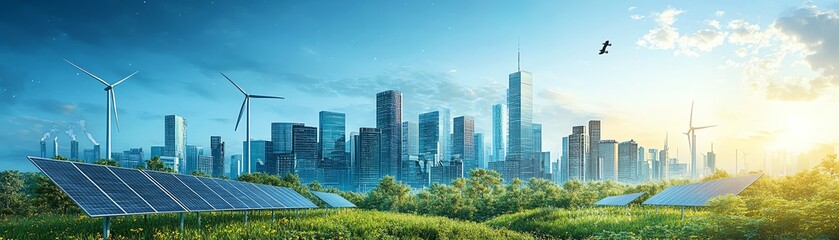 Obraz premium Green energy concept with renewable energy sources like solar, wind, and hydro power, sustainable industry and ESG principles, ecofriendly, modern cityscape, highresolution