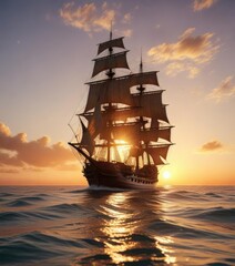 Obraz premium An old sailing ship sails across a tranquil ocean at sunset, old sailing ship, historic sailboat, beautiful sky