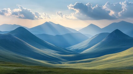 Fototapeta premium As the sunrise casts its golden glow, the breathtaking landscape unfolds before us, featuring rolling green hills, serene mountains in the distance, and picturesque clouds drifting gracefully overhead