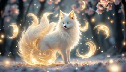 Obraz premium Magical White Fox with Glowing Tail in Enchanted Forest